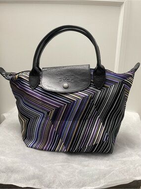 Rare Longchamp Small Top-Handle Tote in Black, Purple, Cream Stripe Pattern